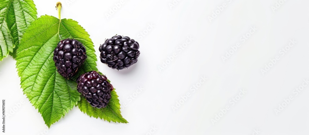 Fototapete Mulberry fruit with a green leaf on a white background. with copy space image. Place for adding text or design