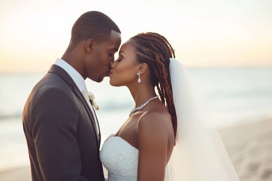 African American Couple Sharing Kiss on Beach Wedding Day at Sunset