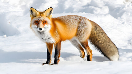 Obraz premium Detailed Close-Up of a Vibrant Red Fox in a Snowy Landscape, Showcasing Its Beautiful Fur Against the White Snow and Capturing Its Lively Eyes and Alert Posture in High Resolution