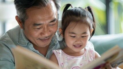 Obraz premium A father holds his child while reading a book, both deeply engaged in the story.