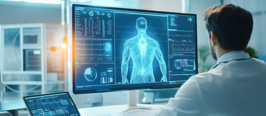 Doctor analysis the test result from MRI Scanner on computer banner. Medical report about health of patient on screen, data of analysis. Telemedicine. Computer scan of man. Full body check up. clinic