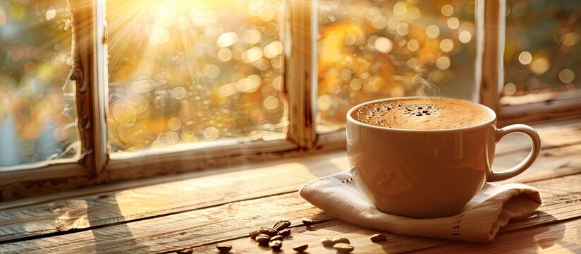 Hot coffee latte cup on a wooden table background with warm morning sunlight Happy weekend idea. with copy space image. Place for adding text or design