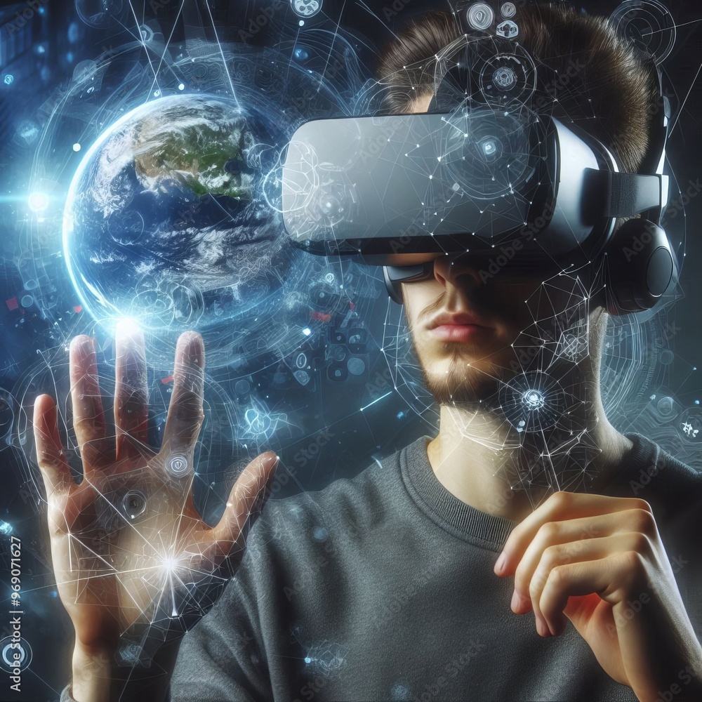 Poster a young man immersed in a virtual world, using a vr headset to interact with a holographic represent