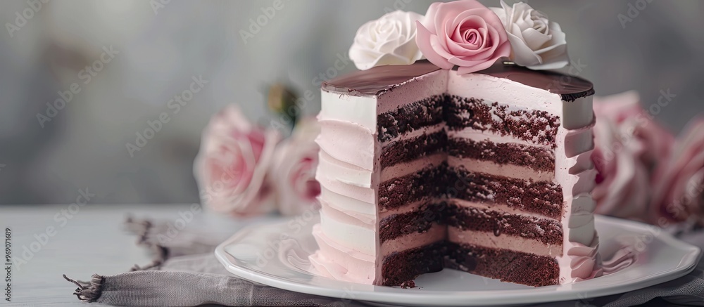 Poster Layered cake topped with cream and chocolate adorned with pink roses on a grey background. with copy space image. Place for adding text or design