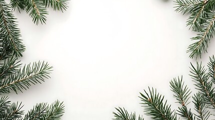 Obraz premium Minimalist White and Green Christmas Background with Pine Leaves, Offering Ample Copy Space for Festive Invitations or Seasonal Greetings