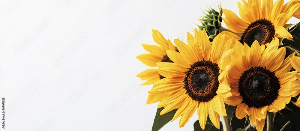 Poster Vivid summer mockup featuring sunflowers against a white background in close up. with copy space image. Place for adding text or design