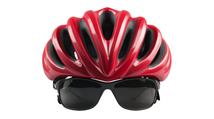 Red Bicycle Helmet with Sunglasses Isolated on Checkered Background