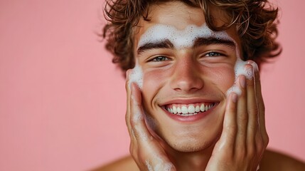 Smiling young man washing face with foam, happy skincare routine, fresh grooming on pink background