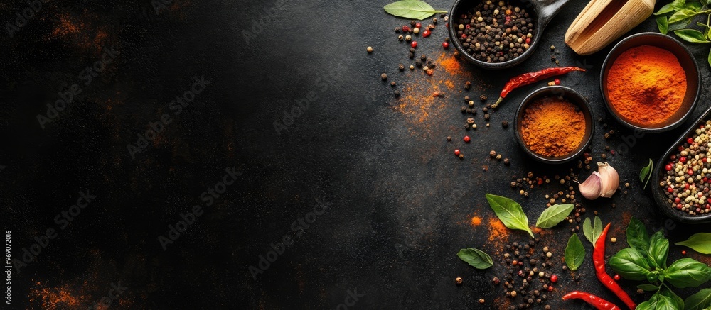 Aufkleber cooking banner spices and cooking tools top view free area for your text. with copy space image. pla