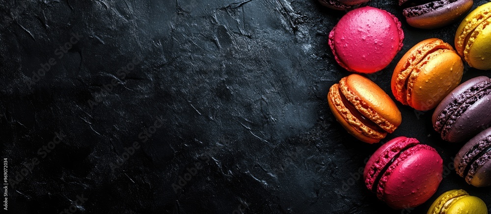 Poster colorful macaroons on a textured black background text copy space