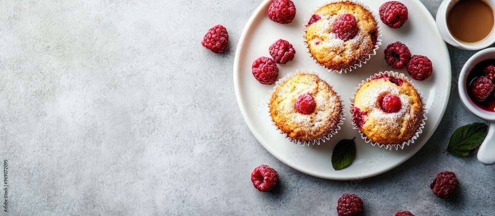 Poster tasty breakfast idea featuring coffee and raspberry muffins on a light concrete surface top view fla