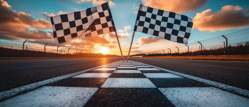 Checkered Finish Line Flags at Sunset on a Race Track