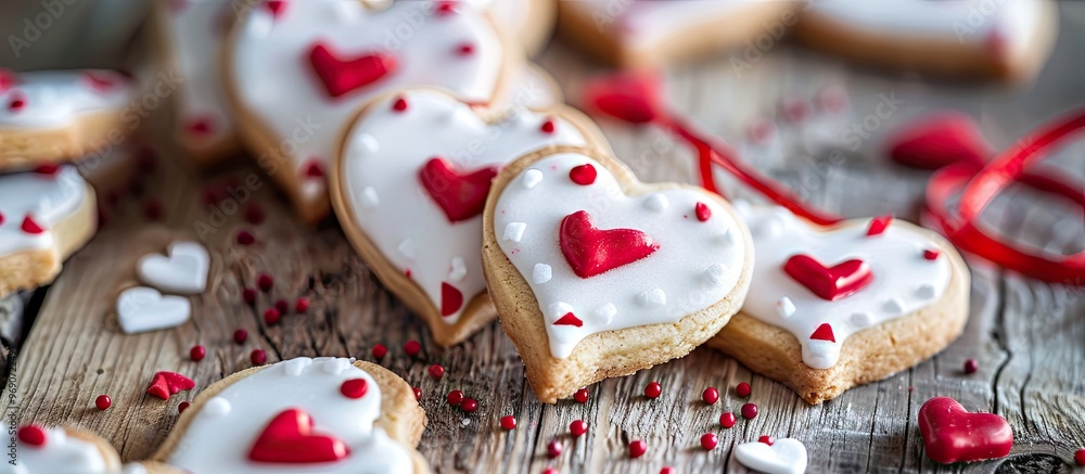 Poster homemade heart shaped cookies on a white table valentine s day greeting card love theme top view. wi