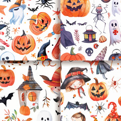 Watercolor Halloween Seamless Pattern  Pumpkins  Ghosts  Witches  Bats  Spider  Candy Corn
