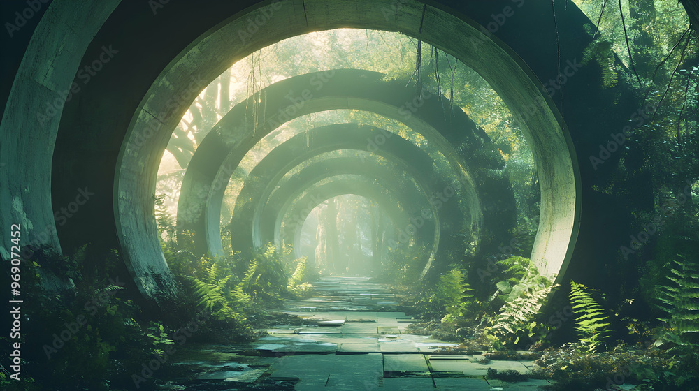 Poster a surreal digital archive displaying nature scenes within an ancient corridor, blending a dreamlike 