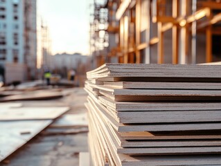 Obraz premium Stacked Gypsum Board Sheets at a Construction Site, showcasing the Material Used for Interior Walls