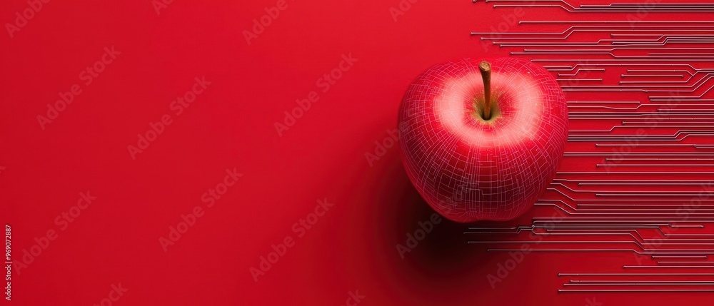 Poster a vibrant red apple is digitally connected to intricate circuits, symbolizing the blend of organic a
