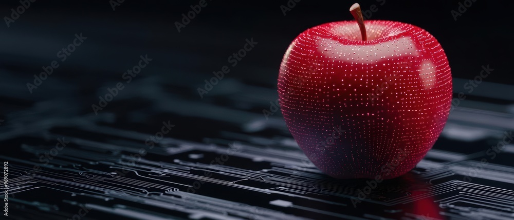Poster a glowing red apple is intertwined with digital circuitry, representing the fusion of natural elemen