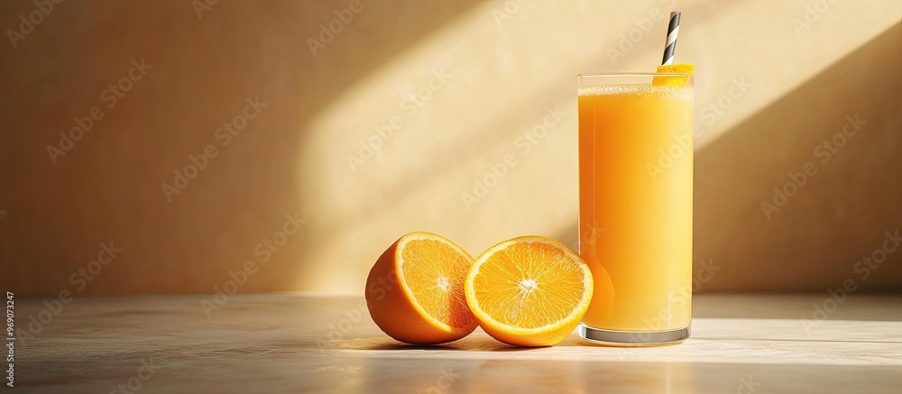 Poster arrangement featuring orange juice and fresh fruit on a table with space for text. with copy space i