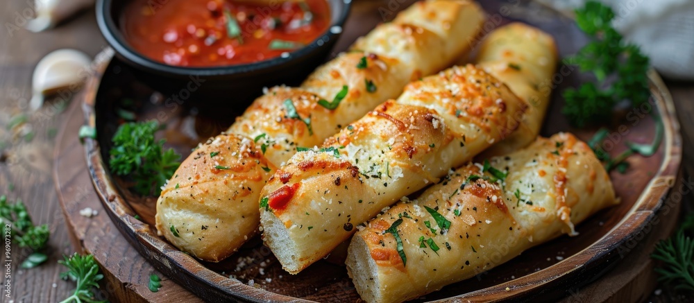 Poster Breadstick bites topped with garlic butter and parmesan cheese served with a dollop of marinara sauce on an elegant white plate. with copy space image. Place for adding text or design