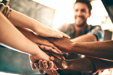 Creative, team and hands stack in office for business, creativity and collaboration. Employees, synergy and gesture in workplace for community, support and huddle for cooperation with trust in agency