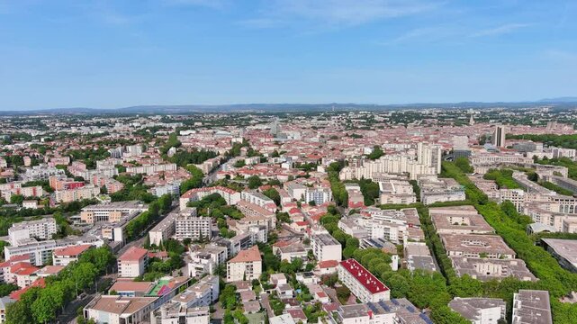 Montpellier, France: Aerial view of famous French historic city, Antigone neighbourhood, summer day with blue sky - landscape panorama of Europe from above

