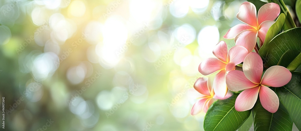 Poster pink frangipani blossoms accompanied by green leaves and a blurred backdrop. with copy space image. 