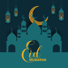 Eid Mubarak Islamic background with mosque, moon and hanging lantern