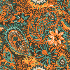 paisley and floral element pattern, muted colors , a fusion of modern colors and rich texture 