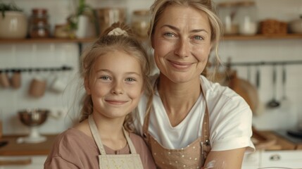 Obraz premium Mother and child enjoy a warm baking experience in a rustic kitchen, both in aprons and smiling brightly.