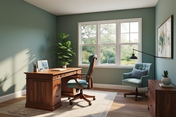 Fototapeta premium Inviting 3D Visualization of a Serene Home Office Space with Hardwood Writing Desk and Ergonomic Chair
