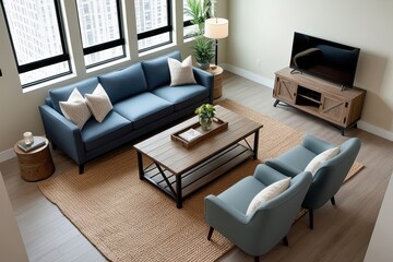 Fototapeta premium 3D Design of a Contemporary Condo Living Room with Fabric Couch, Farmhouse Coffee Table, and Woven Jute Rug in a Top-Angle View