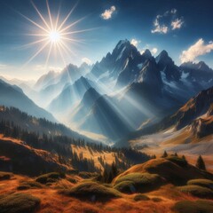 Fototapeta premium Awe-inspiring sunrise illuminating a dramatic mountain range, casting long shadows across the alpine valley. The image captures the beauty of untouched nature with sunbeams piercing through the peaks