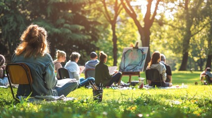 Outdoor community art class painting in a park