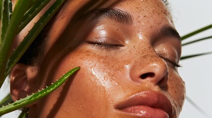 Skincare-focused portrait of a woman with tan skin holding aloe leaves to her eye, radiating serenity and natural beauty.