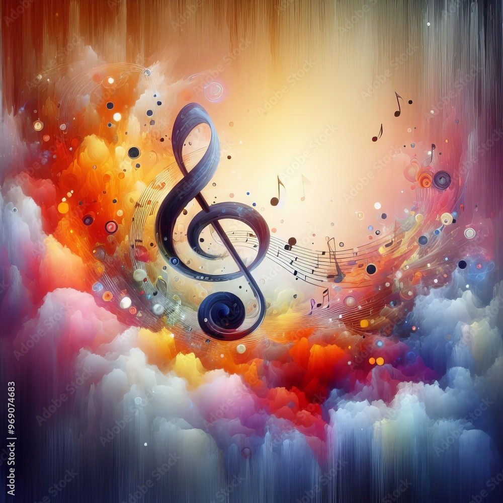 Poster a striking image of a treble clef surrounded by a dynamic swirl of vibrant colors and abstract cloud