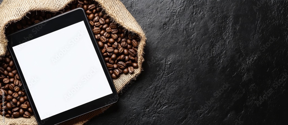 Aufkleber Tablet computer with a blank white screen and coffee beans in a burlap sack on a black backdrop. with copy space image. Place for adding text or design