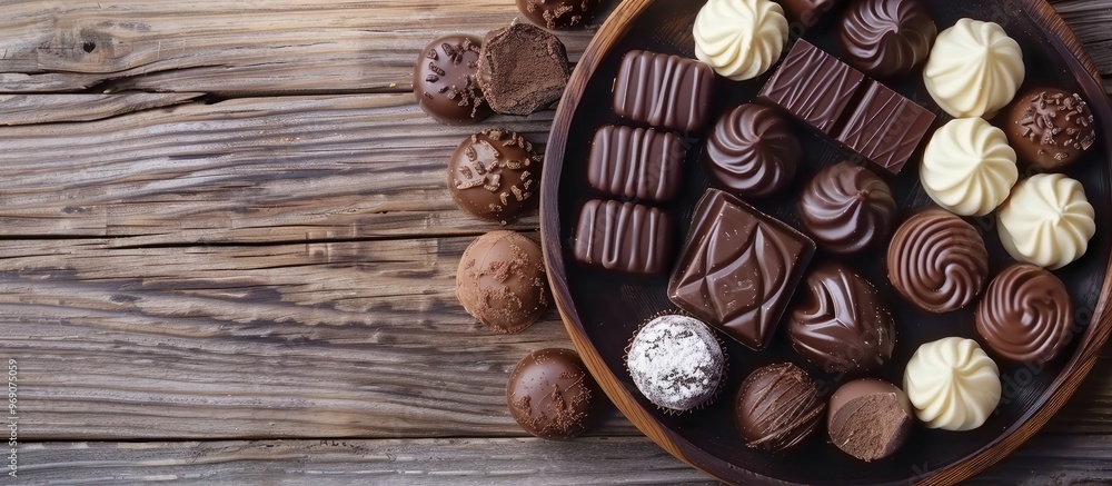 Poster filled dark and milk chocolates on a white wooden table. with copy space image. Place for adding text or design