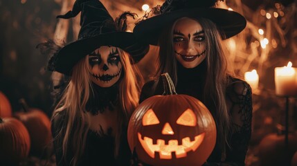 Two Witches with Jack-o'-lantern on Halloween Night