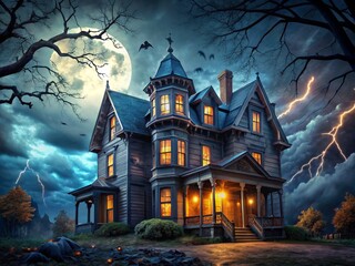 A dark and stormy Halloween night, a creaking old mansion transforms into a haunted house, with eerie sounds and flickering lights
