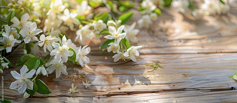 Poster Spring flowering branch on a wooden surface Jasmine. with copy space image. Place for adding text or design