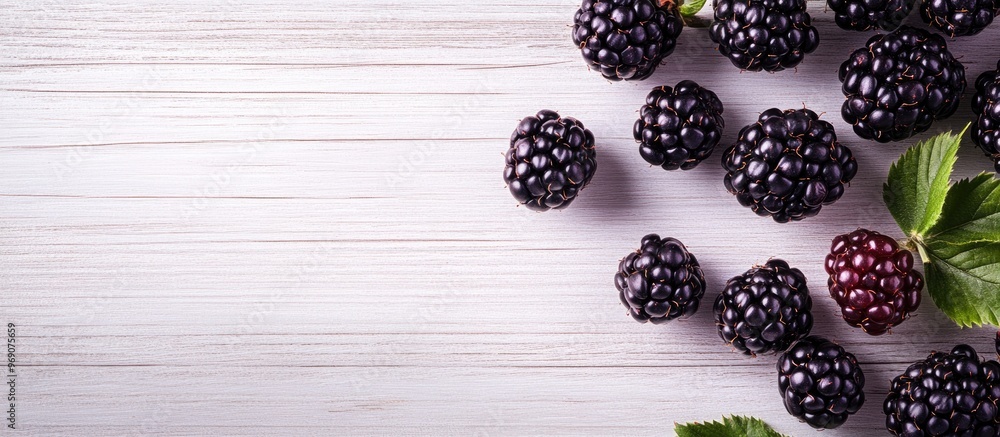 Poster Fresh blackberries on a white wooden table background. with copy space image. Place for adding text or design