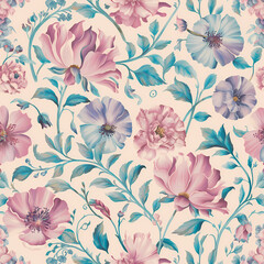 A beautifully painted floral pattern. It features a variety of flowers in shades of pink, purple, and blue, accompanied by green leaves andstems.