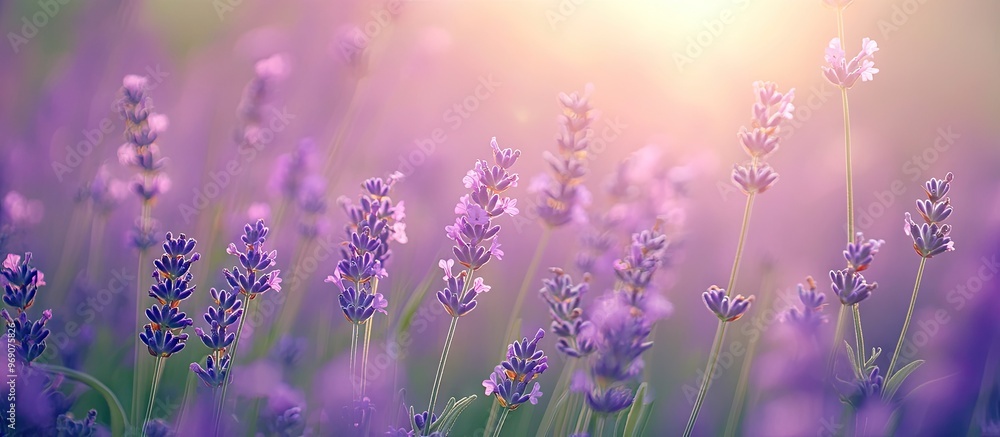 Poster bunches of lavender flowers in a dense bouquet placed on green grass with selective focus space for 