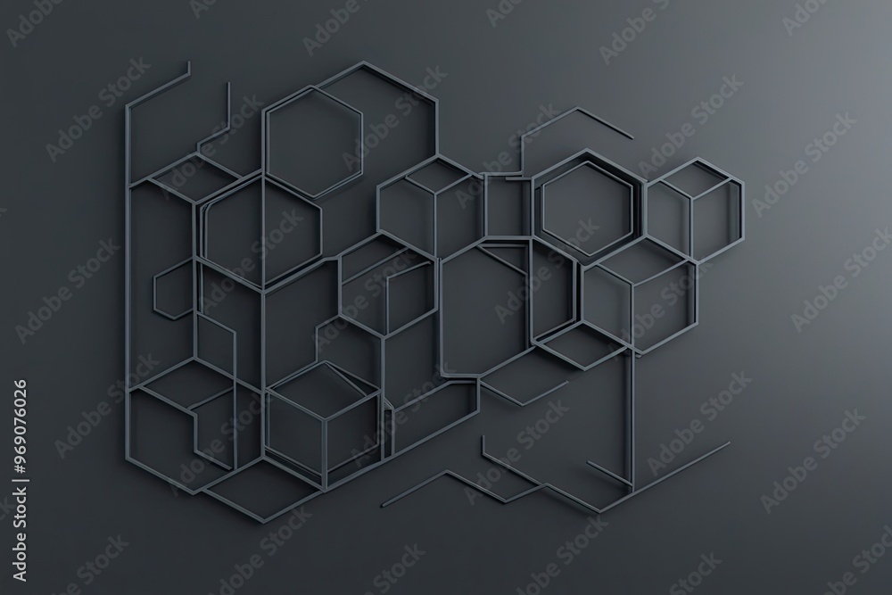 Poster sleek hexagonal grids and three-dimensional technology on dark grey surface