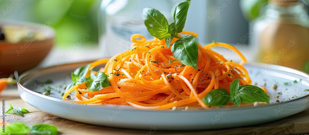 Poster spiralized sweet potato noodles low carb vegetable pasta preparation. with copy space image. place f