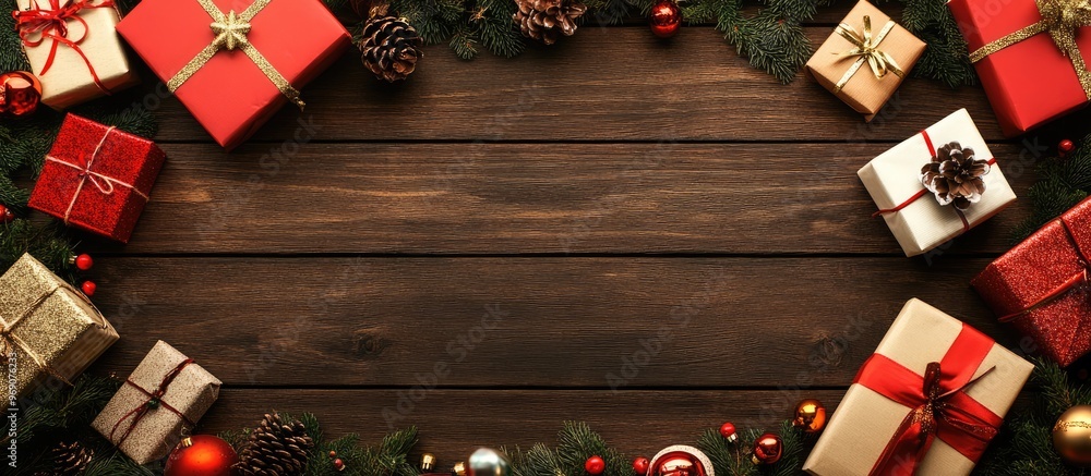 Aufkleber Christmas background featuring a frame of wrapped gift boxes toys and other presents arranged as an Advent calendar on a rustic wooden table. with copy space image. Place for adding text or design