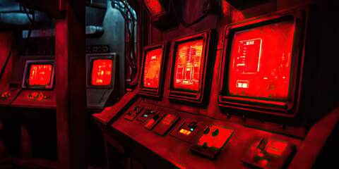 The Unspoken Threat: A darkened bunker with glowing red buttons and video monitors.