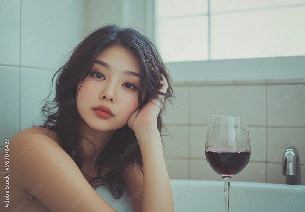 Sticker an Asian woman in the bathroom, sitting on her bathtub with a glass wine cup filled to one-quarter full with red wine