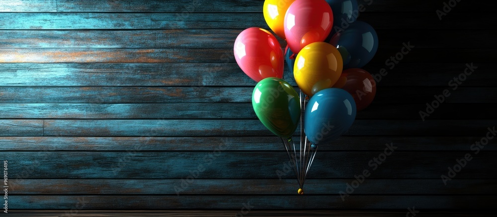 Poster Colorful balloons on a wooden surface. with copy space image. Place for adding text or design